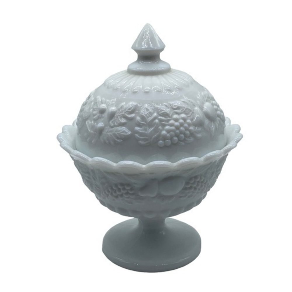 Vintage Westmoreland Milk Glass Cover Candy Dish Grape/Fruit Vine Pattern - Picture 3 of 12